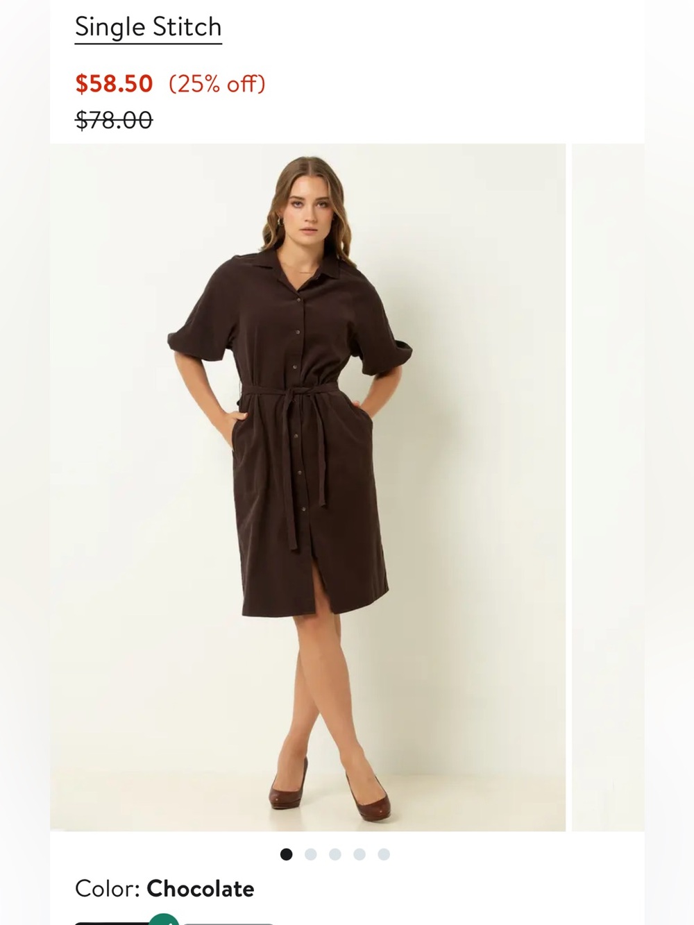 Single stitch Classic Corduroy Button-Front Brown Shirt Dress with Waist Tie